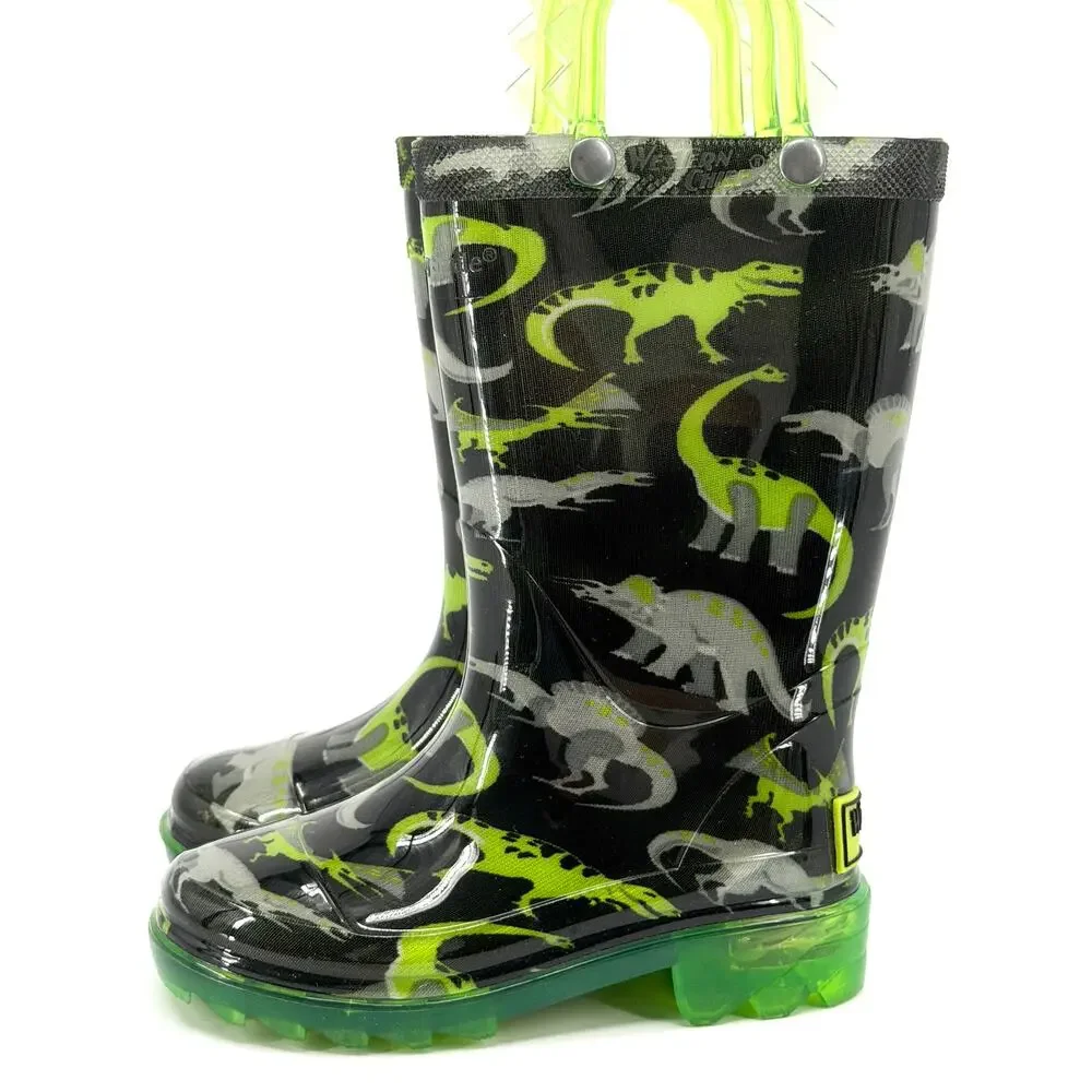 Western Chief Black Neon Green Dinosaur Light Up Waterproof Rain Boots
